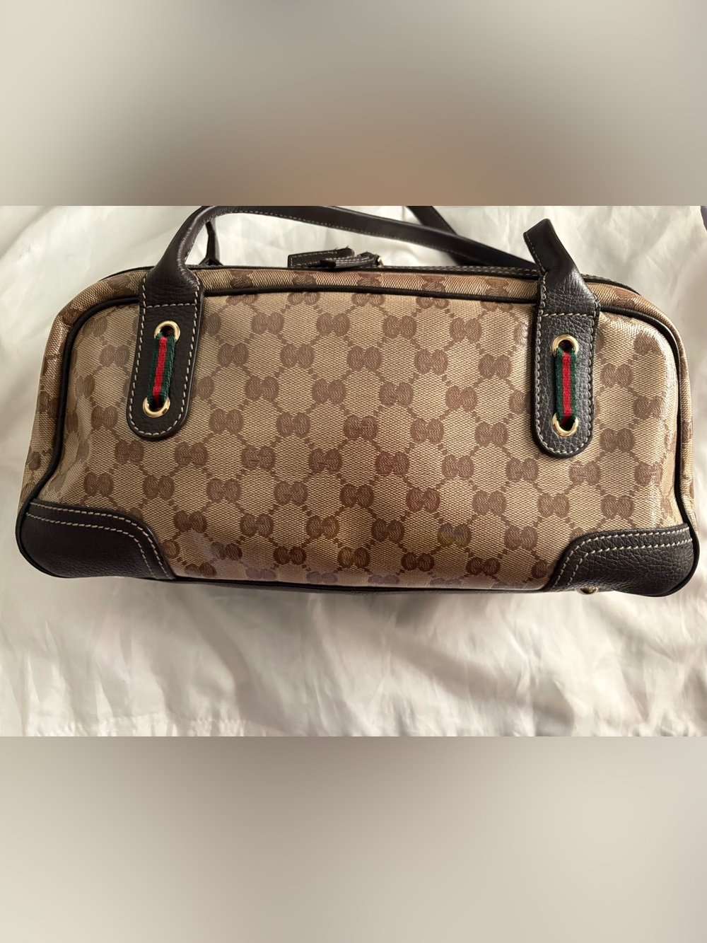 Gucci Crystal Princey Beige GG Canvas and Brown Leather Top-Handle Bag - Picture 2 of 16